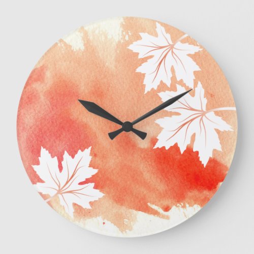 Modern coral watercolor splash and maple leaves large clock