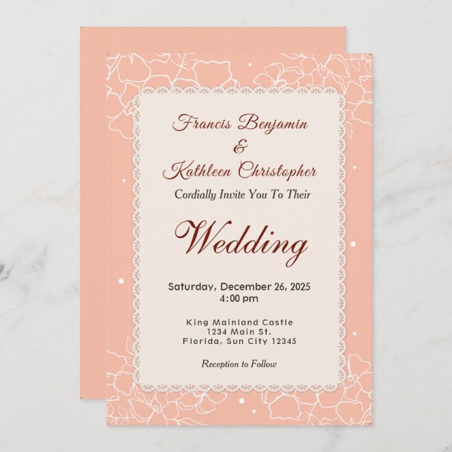 Modern Coral White Floral Wedding Invitation (Front/Back)