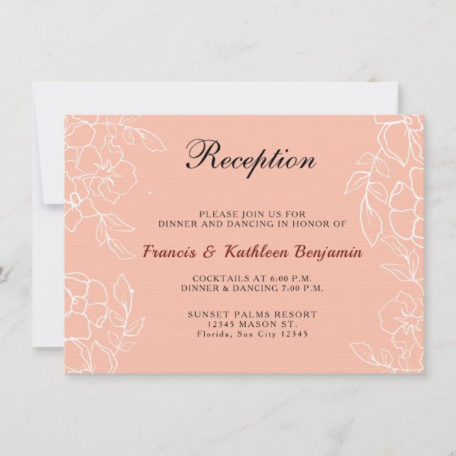 Modern Coral White Floral Wedding Reception Card (Front)