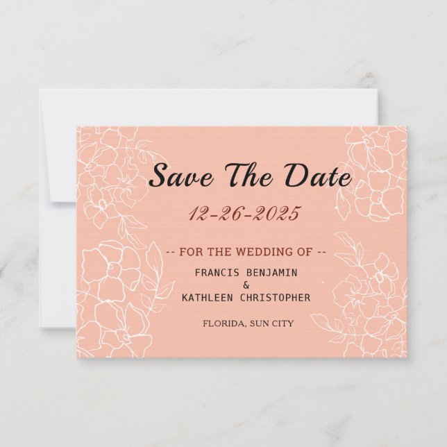 Modern Coral White Floral Wedding Save The Date (Front)