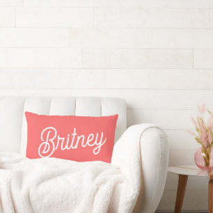 Modern Coral White Monogram and Name  Lumbar Pillow