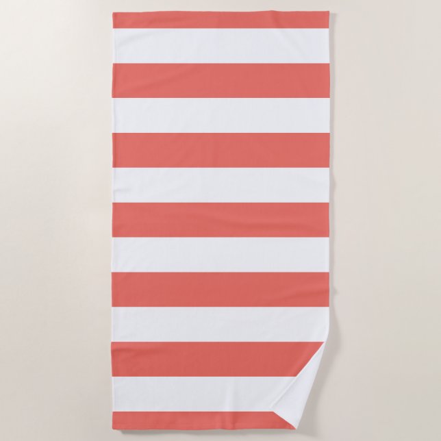 Modern Coral White Striped Pattern Beach Towel (Front)