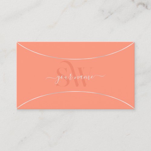 Modern Coral with Pearl Silver Border and Monogram Business Card