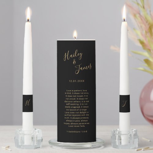 Modern Corinthians Bible Verse Black Gold Wedding Unity Candle Set