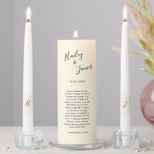 Modern Corinthians Bible Verse Cream Ivory Wedding Unity Candle Set