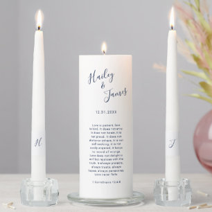 Modern Corinthians Bible Verse Navy Blue Wedding Unity Candle Set