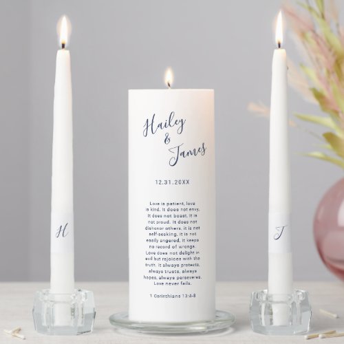 Modern Corinthians Bible Verse Navy Blue Wedding Unity Candle Set