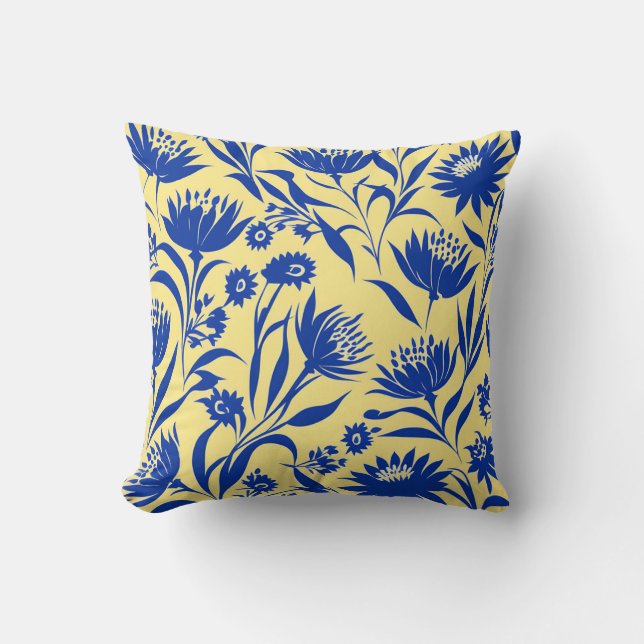 Modern Cornflower Blue Floral On Yellow Throw Pillow (Front)
