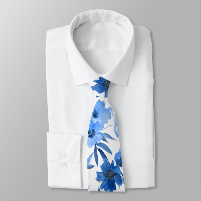 Modern Cornflower Blue Trendy Floral Neck Tie (Tied)