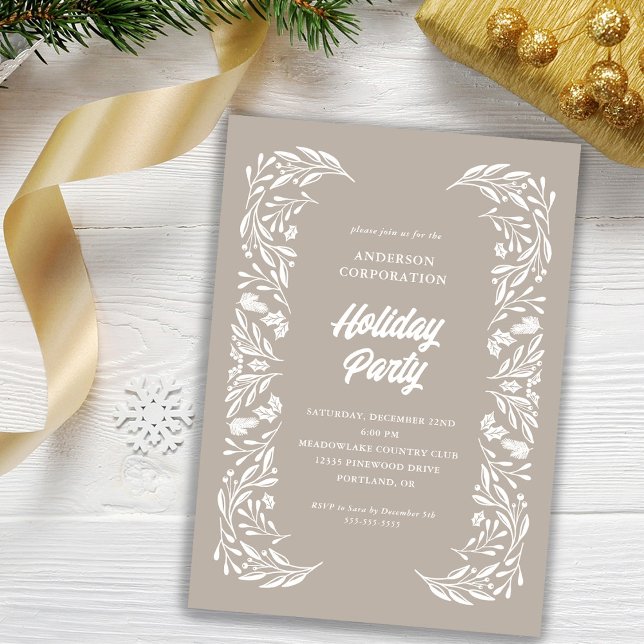 Modern Corporate Holiday Party White Foliage Tan Invitation (Creator Uploaded)