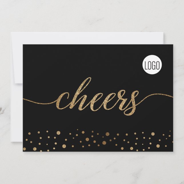 Modern Corporate Logo Cheers Script Faux Gold Holiday Card (Front)