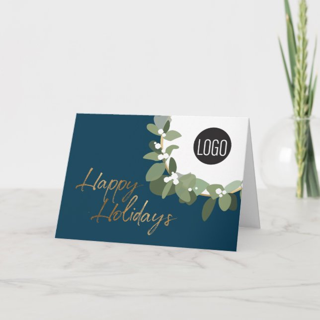 Modern Corporate Logo Happy Holidays Blue Holiday Card (Front)