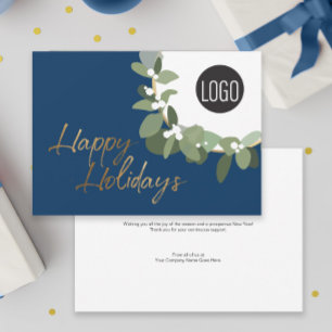 Modern Corporate Logo Happy Holidays No photo Blue Holiday Card