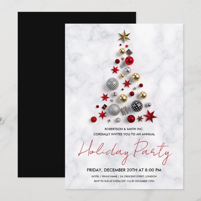Modern Corporate Xmas Tree Holiday Party Marble Invitation (Front/Back)