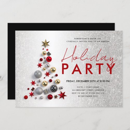 Modern Corporate Xmas Tree Holiday Silver Glitter  Invitation