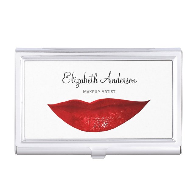 Modern Cosmetology Makeup Artist With Red Lips Business Card Holder (Front)