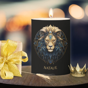 Modern Cosmic Lion Name Zodiac Sign Black Gold Leo Pillar Candle