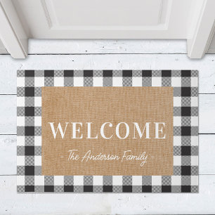 Modern Cottage Buffalo Plaid Family Name Welcome Doormat