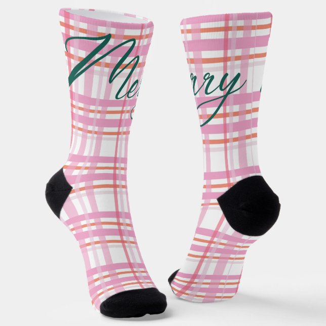Modern Cotten Candy Christmas Plaid Holiday Socks (Angled)