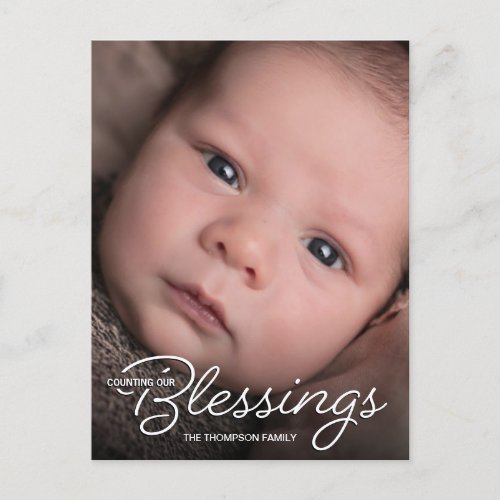 Modern Counting our blessings baby photo newborn Announcement Postcard