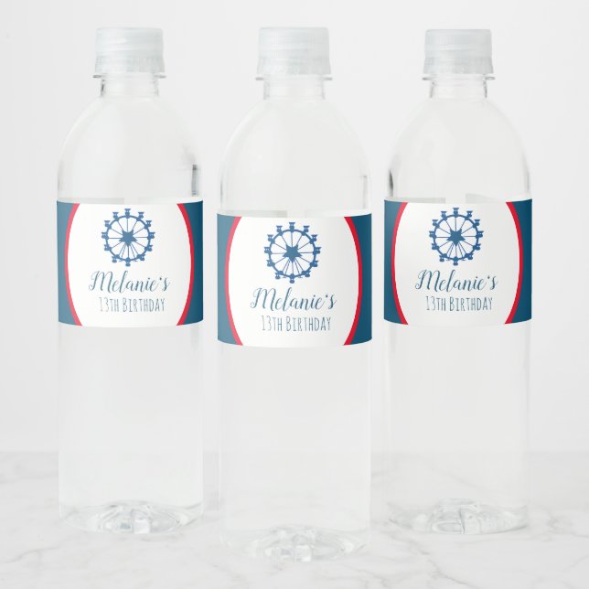 Modern Country Fair Ferris Wheel Party Blue Water Bottle Label (Bottles)