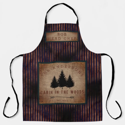 Modern Country Family Name Cabin in Wood Head Chef Apron