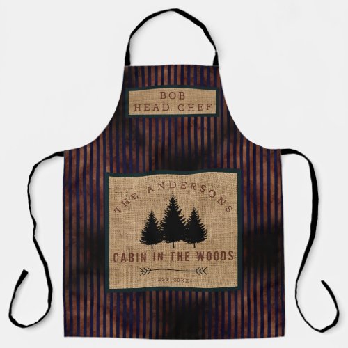 Modern Country Family Name Cabin in Wood Head Chef Apron