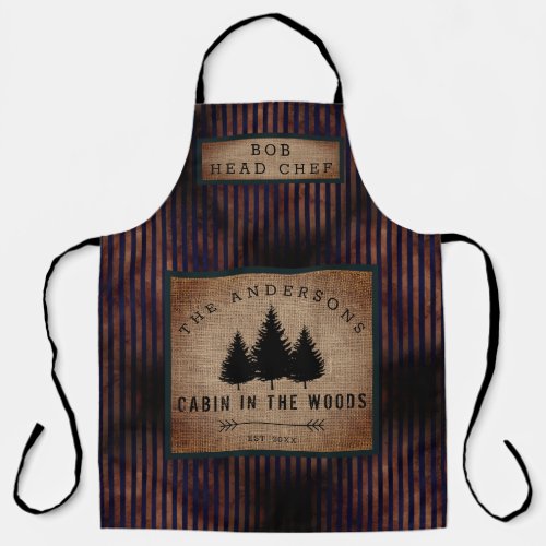 Modern Country Family Name Cabin in Wood Head Chef Apron