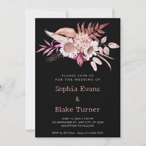 Modern Country Floral Botanical Black Wedding Invitation