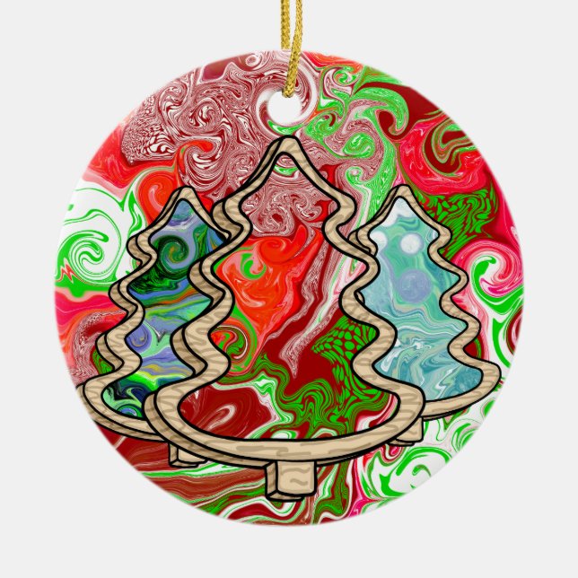 Modern Country Fluid Art Christmas Trees Ceramic Ornament (Front)