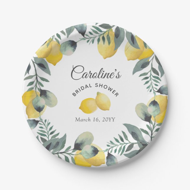 Modern Country Lemons Boho Greenery Bridal Shower Paper Plates (Front)