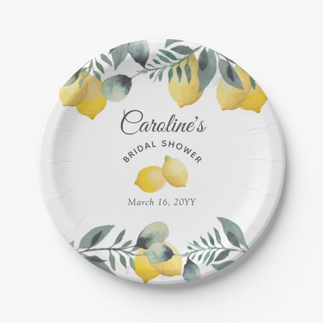 Modern Country Lemons Boho Greenery Bridal Shower Paper Plates (Front)