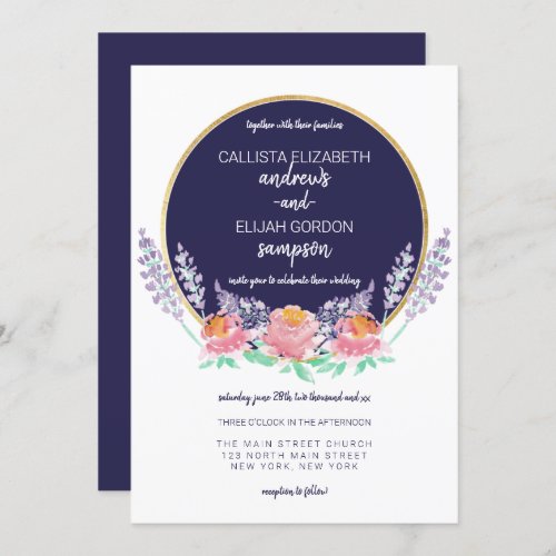 Modern Country Navy Pink Lilac Wild Flower Wedding Invitation