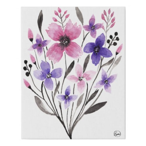 Modern Country Pink Purple Floral Watercolor Art Faux Canvas Print