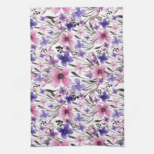 Modern Country Pink Purple Floral Watercolor Kitchen Towel