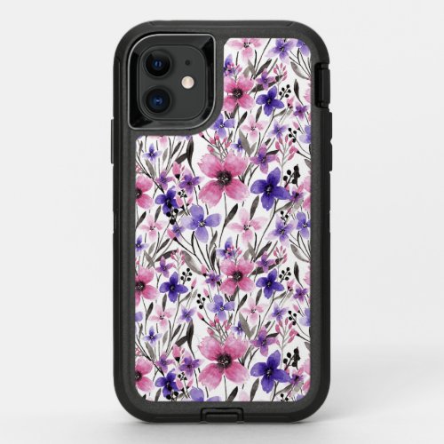 Modern Country Pink Purple Floral Watercolor OtterBox Defender iPhone 11 Case