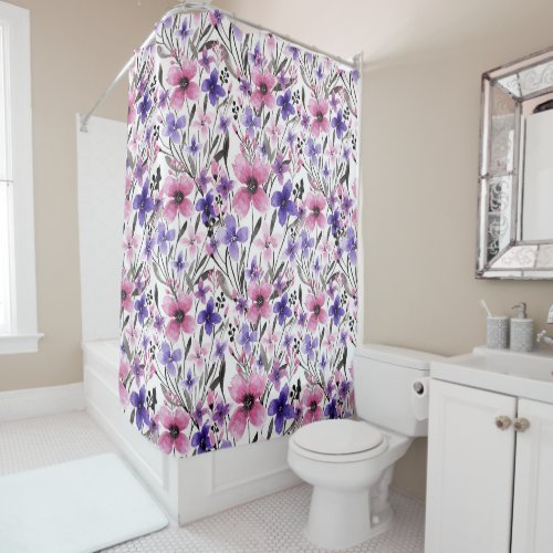 Modern Country Pink Purple Floral Watercolor Shower Curtain