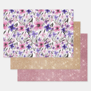 Modern Country Pink Purple Floral Watercolor Wrapping Paper Sheets