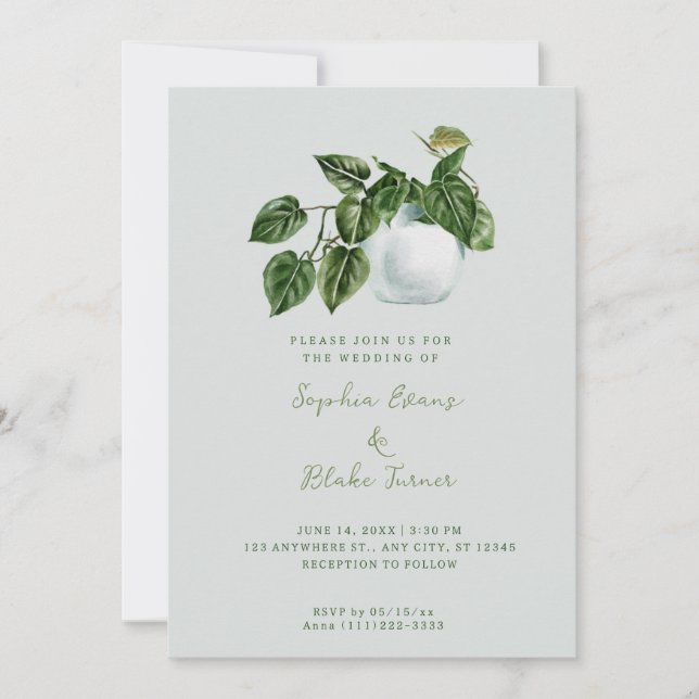 Modern Country Potted Plant Light Green Wedding Invitation (Front)