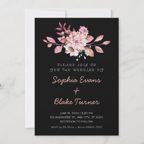 Modern Country Soft Floral Black Wedding Invitation