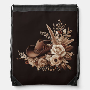 Modern Country Western-Flowers with Cowboy Hat Drawstring Bag