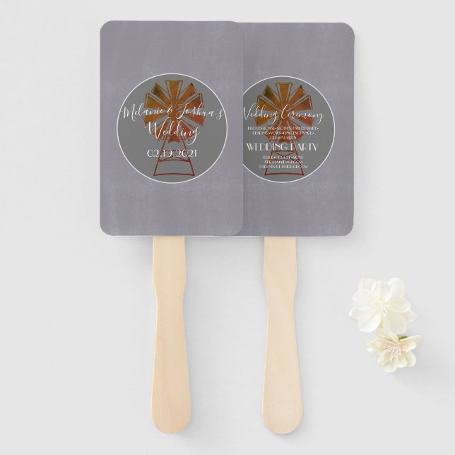 Modern Country Windmill Gray Stone Barn Wedding Hand Fan (Front and Back)