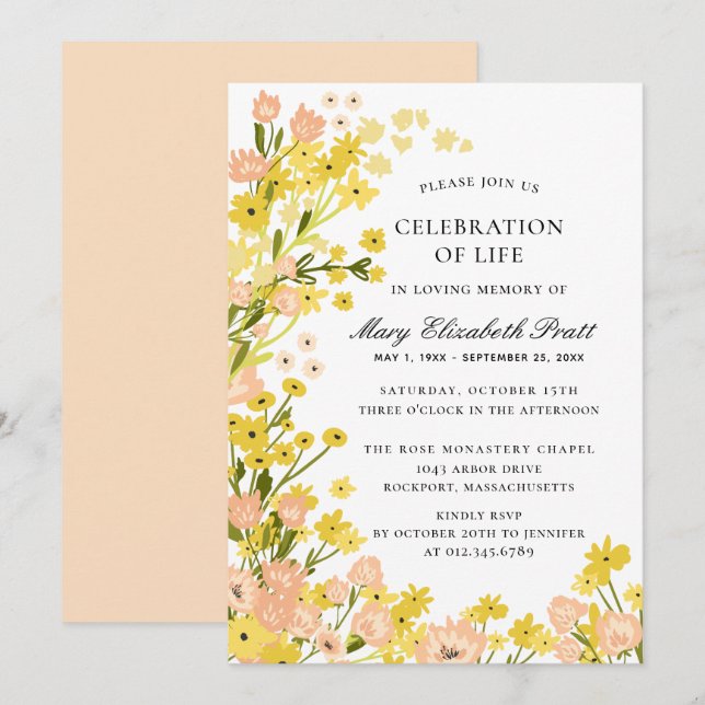 Modern Country Yellow Pink Foral Funeral Invitation (Front/Back)