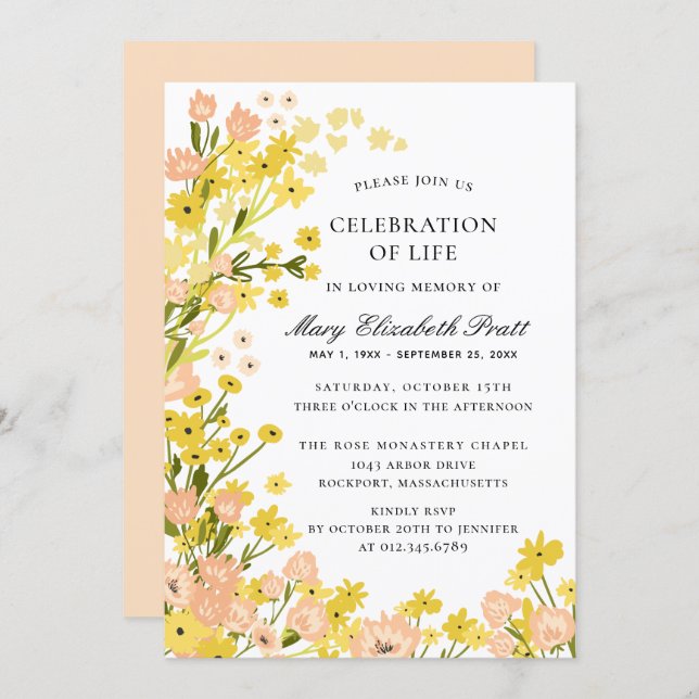 Modern Country Yellow Pink Foral Funeral Invitation (Front/Back)