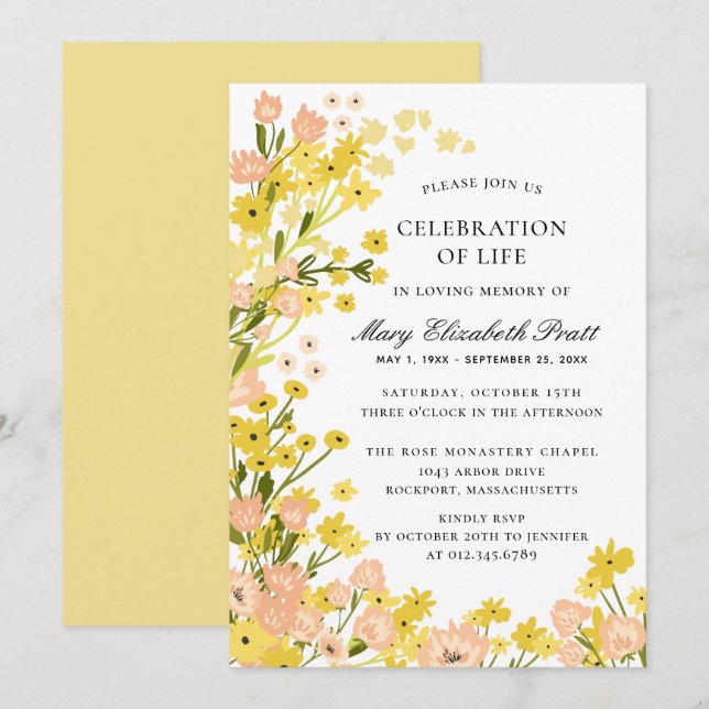 Modern Country Yellow Pink Foral Funeral Invitation (Front/Back)