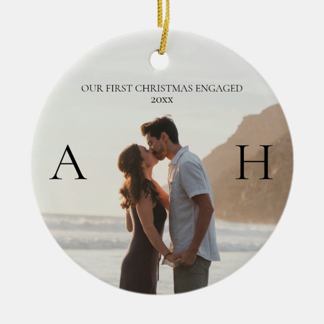 Modern Couple 2 Photo First Christmas Engaged Ceramic Ornament (Front)