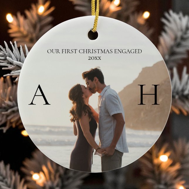 Modern Couple 2 Photo First Christmas Engaged Ceramic Ornament (Modern Couple 2 Photo First Christmas Engaged Ceramic Ornament)