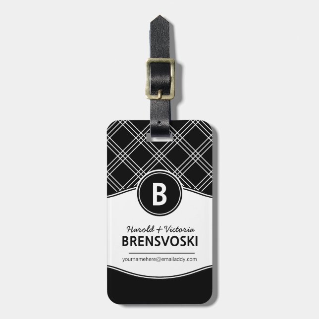 Modern Couple Black and White Monogram Luggage Tag (Front Vertical)