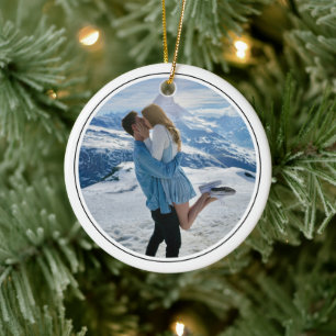 Modern Couple Engagement Photo First Christmas Ceramic Ornament