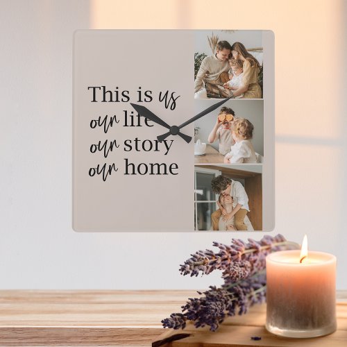 Modern Couple Family Photo  Family Quote Lovely Square Wall Clock